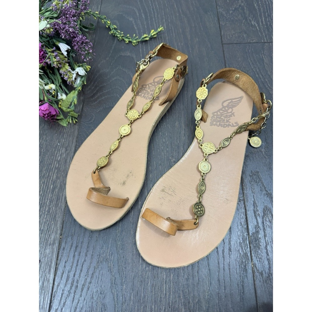 Ancient Greek Sandals adorned with gold-toned coin embellishments Boho Sz 38